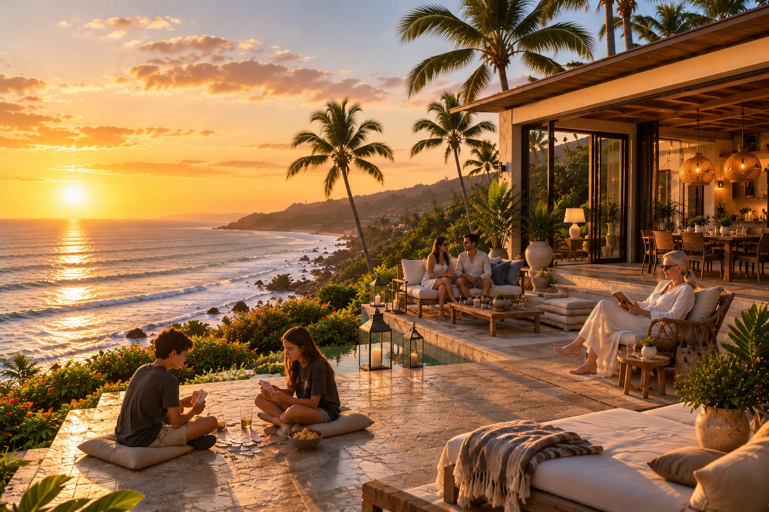 Three generations of a family relaxing on a villa terrace above the ocean at sunset