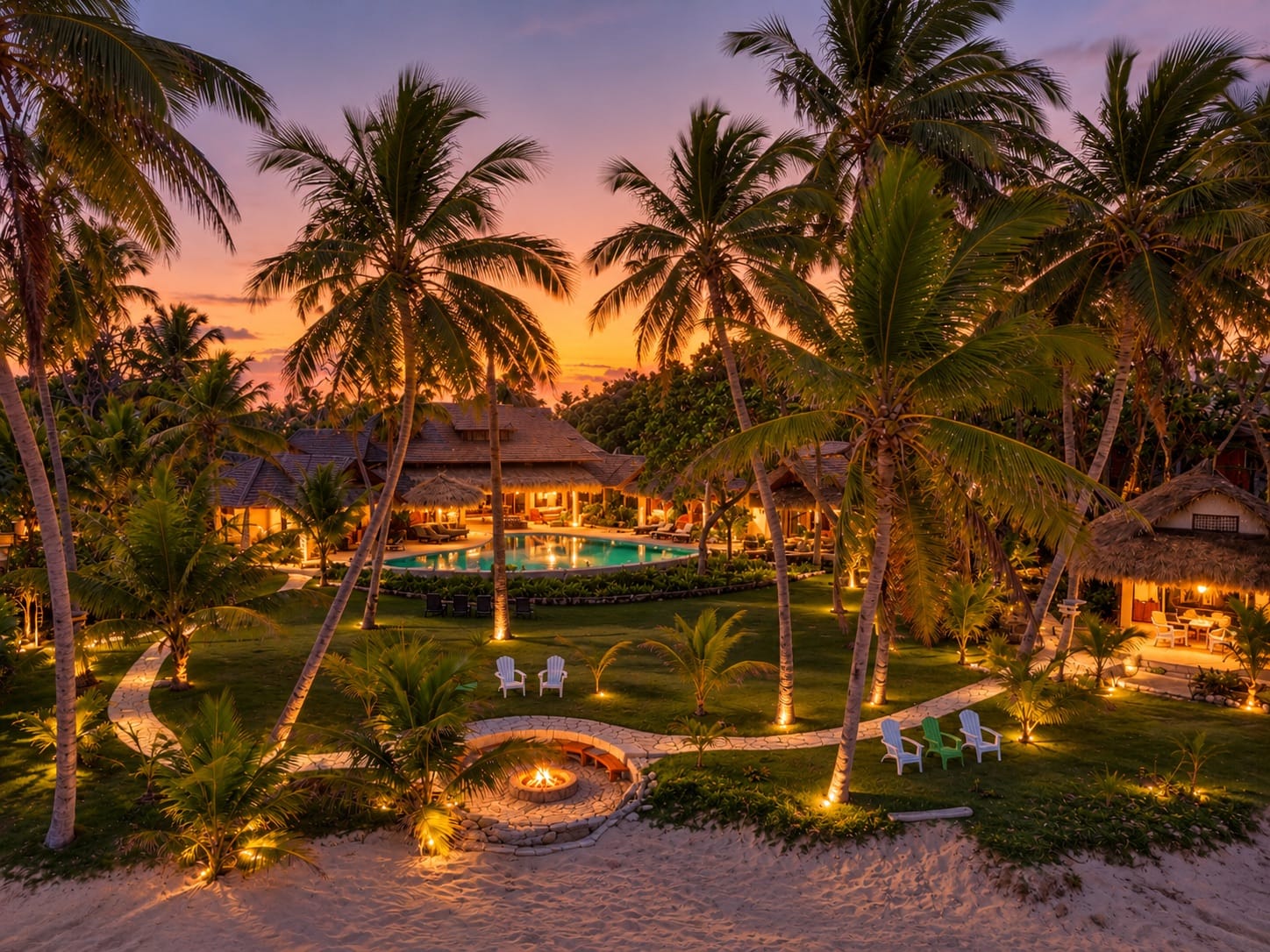 Tropical gardens and villa lit up at sunset