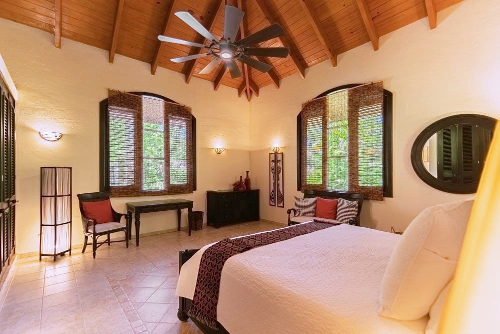Primary suite with wooden ceiling and arched windows