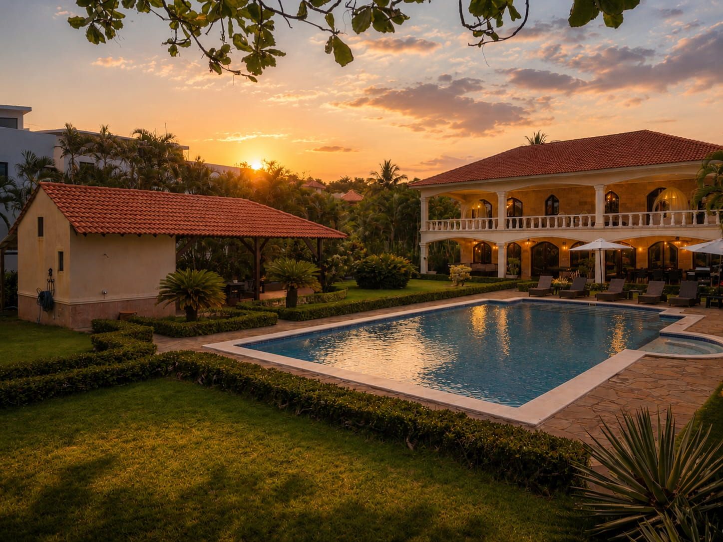 Villa Valesta private pool and colonial facade at sunset