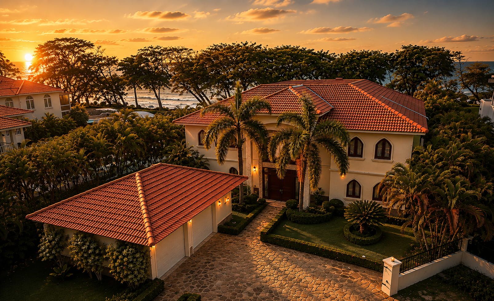 Villa Valesta surrounded by palm trees at golden hour