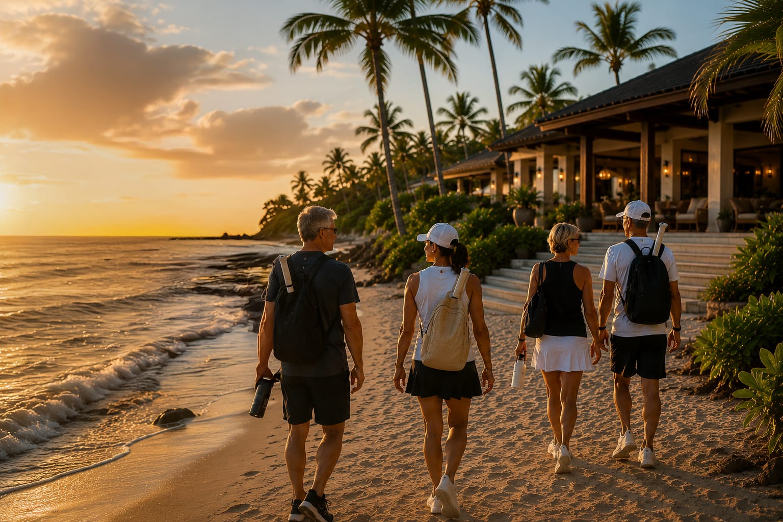 Friends with tennis rackets walking along the beach at sunset