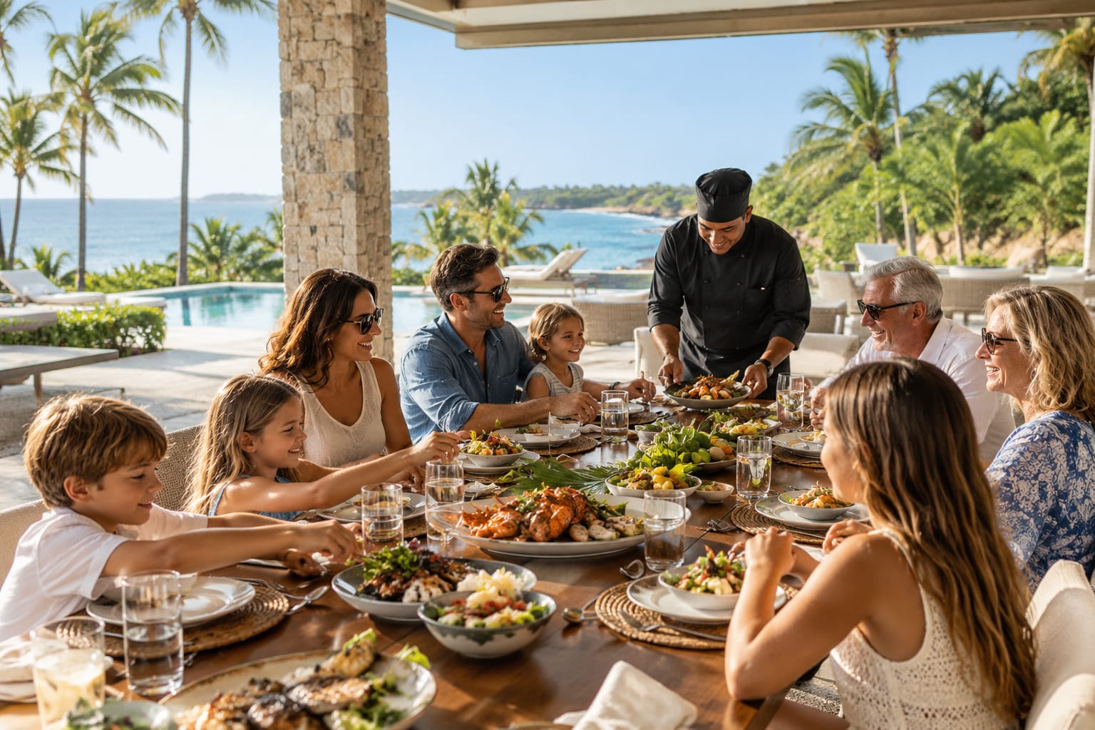 Grandparents, parents and children sharing a meal prepared by a private chef at the villa
