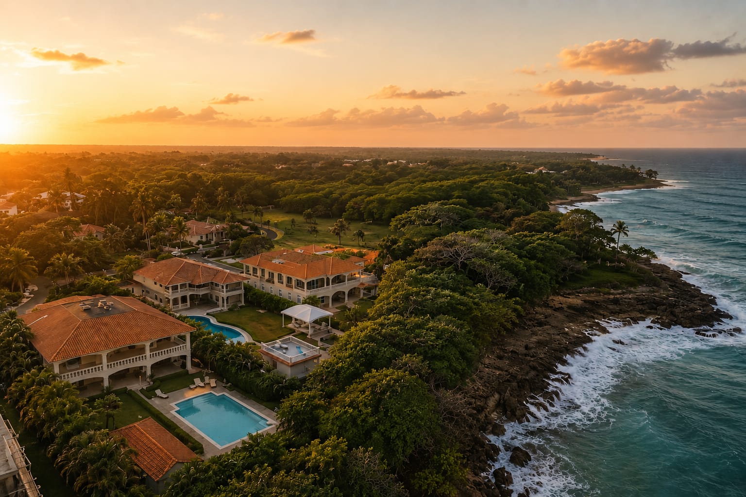 Aerial view of villas on the green coastline near Cabarete at sunset