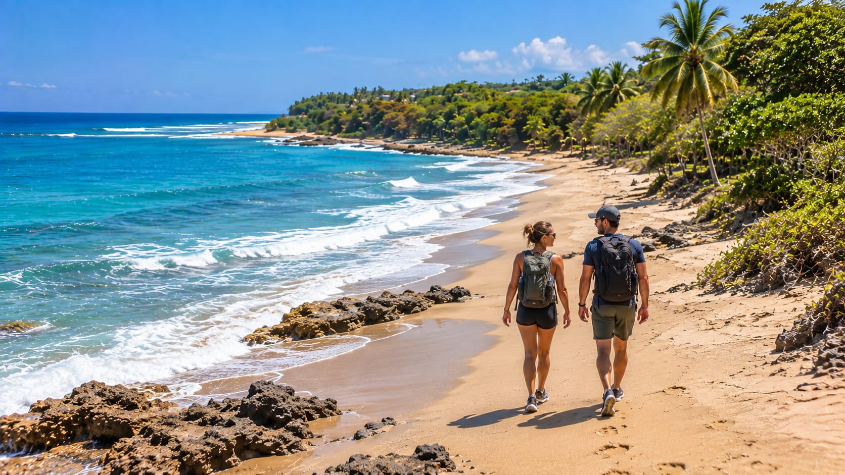 Couple walking along a wild sandy beach near Cabarete