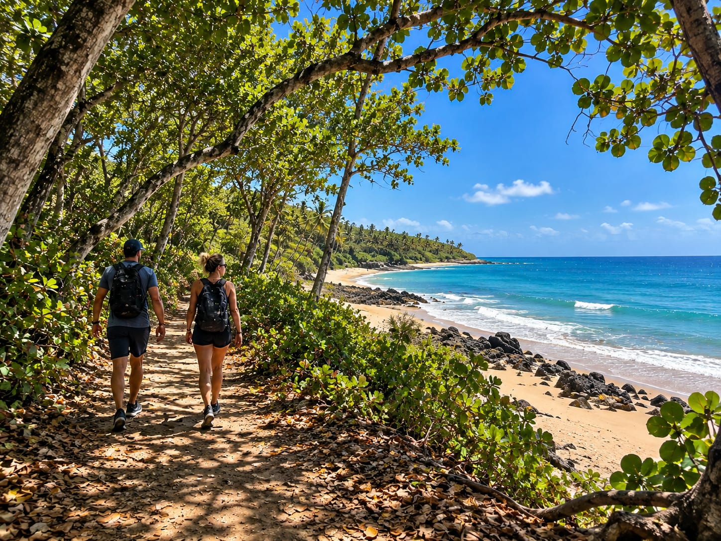 Two hikers on a coastal trail through tropical forest above a wild beach