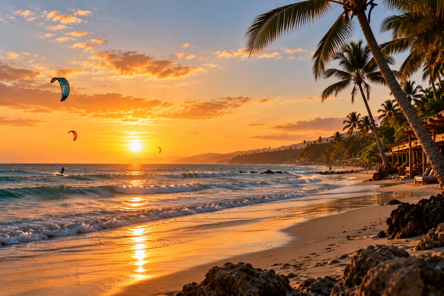 Sunset over Cabarete beach with kitesurfers on the water